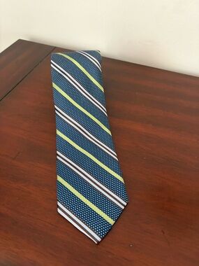 Peter Millar Hand Folded Men’s Tie Brown Lime Blue Designer 100% Silk  Striped